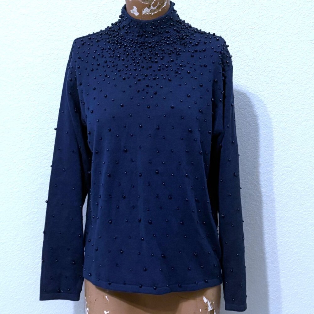 NWOT BFA Classics Blue Faux Pearl Beads Womens Small Petite Sweater Knit Top Y2K